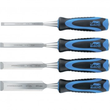 24452 | Набор долот-стамесок плоских, 4 шт, 8-12-18-24 мм, двухкомпонентная рукоятка, металлический затыльник, БАРС-0