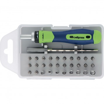 13370 | Отвертка реверсивная для точных работ с набором бит и торцевых головок, 32 предмета, CrV, СИБРТЕХ-0