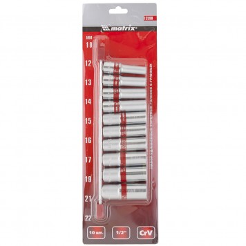 13590 | Набор удлиненных торцевых головок 1/2", шестигранные, CrV, 10 шт., 10-22 мм, MATRIX-3