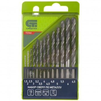 72346 | Набор сверл по металлу, 1,5-6,5 мм, 13 шт, Р6М5, пластиковый кейс, СИБРТЕХ-0