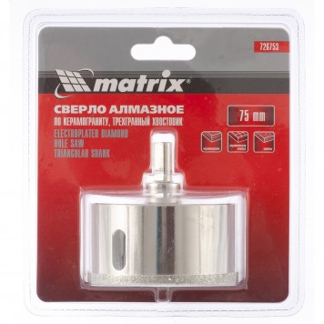 726753 | Сверло алмазное по керамограниту, 75 х 67 мм, трехгранный хвостовик, MATRIX-0