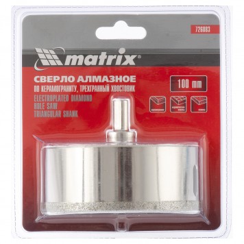 726883 | Сверло алмазное по керамограниту, 100 х 67 мм, трехгранный хвостовик, MATRIX-0
