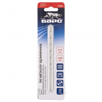 718040 | Сверло спиральное по металлу, 4 х 119 мм, Р6М5, удлиненное, БАРС-1