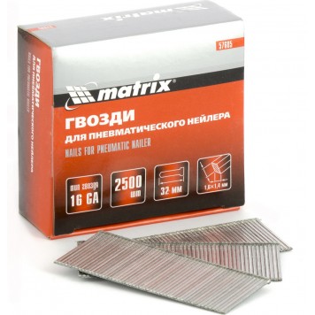 57605 | Гвозди для пневматического нейлера 16GA, сечение 1,6 х 1,4, длина 32 мм, 2500 шт, MATRIX-0