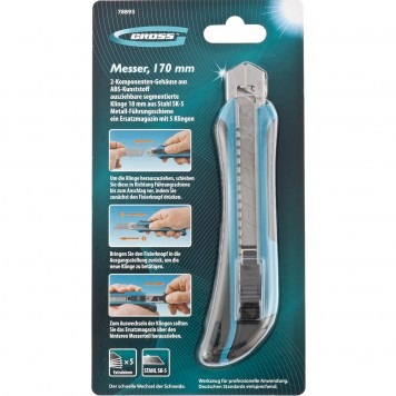 78893 | Нож 170 мм, обрезиненный ABS-корпус, выдвижное сегментное лезвие 18 мм (SK-5), металлическая направляющая, 5 лезвий, GROSS-4