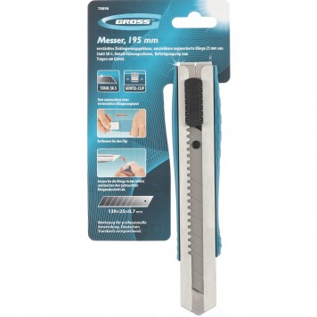 78896 | Нож 195 мм, металлический корпус, выдвижное сегментное лезвие 25 мм (SK-5), металлическая направляющая, клипса для ремня, GROSS-3