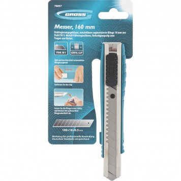 78897 | Нож 160 мм, металлический корпус, выдвижное сегментное лезвие 18 мм (SK-5), металлическая направляющая, клипса для ремня, GROSS-4