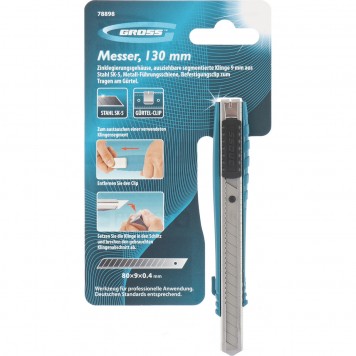 78898 | Нож 130 мм, металлический корпус, выдвижное сегментное лезвие 9 мм (SK-5), металлическая направляющая, клипса для ремня, GROSS-3