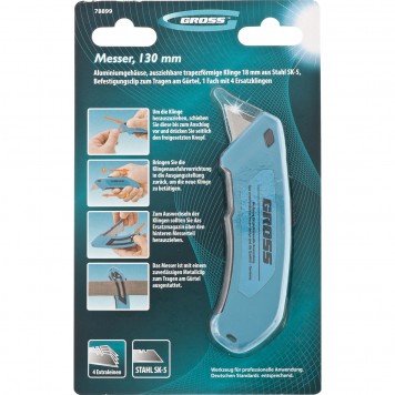 78899 | Нож 130 мм, алюминиевый корпус, выдвижное трапециевидное лезвие 18 мм (SK-5), клипса для ремня, 4 лезвия, GROSS-3