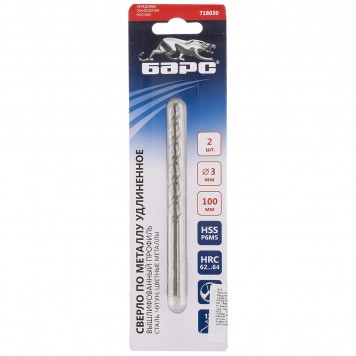 718030 | Сверло спиральное по металлу, 3 х 100 мм, Р6М5, удлиненное, 2 шт, БАРС-2