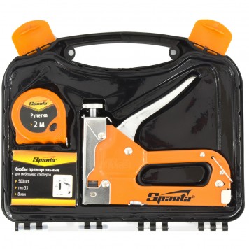 42003 | Набор: степлер мебельный регулируемый, скобы 500 шт, рулетка 2 м, тип скобы 53, 6-14 мм, SPARTA-1