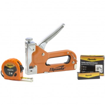 42003 | Набор: степлер мебельный регулируемый, скобы 500 шт, рулетка 2 м, тип скобы 53, 6-14 мм, SPARTA-2