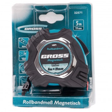32571 | Рулетка 5 м х 19 мм, обрезиненный корпус, автоматическая фиксация, Нейлоновое покрытиеытие, зацеп с магнитом, GROSS MAGNETISCH-3