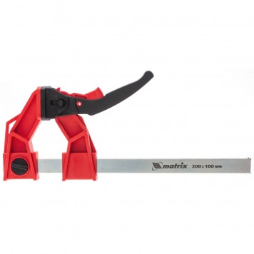 20726 | Струбцина реечная быстрозажимная, усиленная, пластиковый корпус рычажно-храповой механизм, 200 х 100 х 351 мм, штанга 5 х 22 мм, MATRIX-0