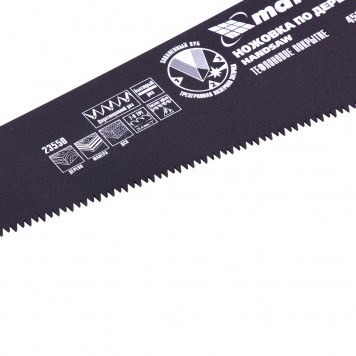 23550 | Ножовка по дереву, 450 мм, 7-8 TPI, зуб-3D, каленый зуб, тефлоновое покрытие полотна, двухкомпонентная рукоятка, MATRIX-1