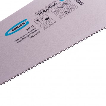 24117 | Ножовка по дереву, усиленное трапецевидное полотно, 500 мм, 11-12 TPI, зуб3D, каленый зуб, двухкомпонентная рукоятка, GROSS PIRANHA-1