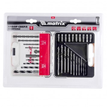 725631 | Набор сверл комбинированный, сверла по металлу 1-6 мм, бетону 4-8 мм, дереву 4-8 мм, биты 10 шт, адаптер, зенковка, 31 предмет Pro, MATRIX-3