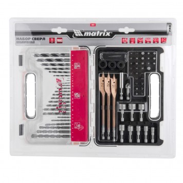 725671 | Набор сверл комбинированный, сверла по металлу 1-6 мм, бетону 3-8 мм, дереву 3-8 мм, перки, биты 30 шт, адаптер, головки 8 шт, 71 предмет Pro, MATRIX-3