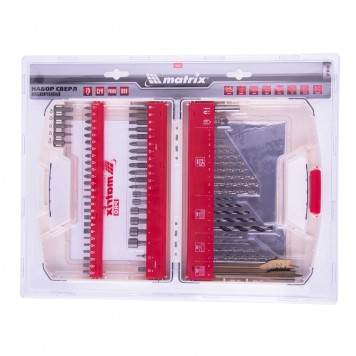 725675 | Набор сверл комбинированный, сверла по металлу 1-6 мм, бетону 4-8 мм, дереву 3-8 мм, перки, биты 44 шт, адаптер, головки 6 шт, 75 предметов Pro, MATRIX-5