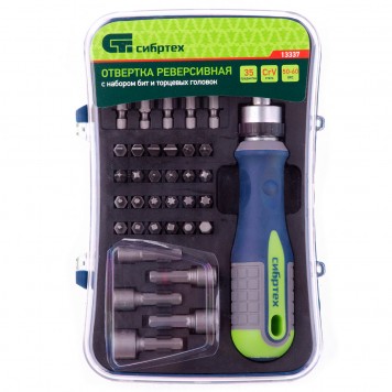 13337 | Отвертка реверсивная с набором бит и торцевыми головками, 35 шт, CrV, СИБРТЕХ-3