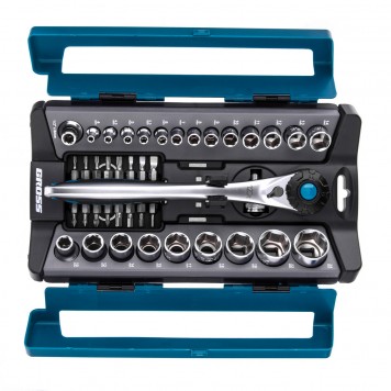 14143 | Набор торцевых головок, трещотка 120 зубьев, 41 предмет, 1/2", 1/4", CrV, GROSS-1