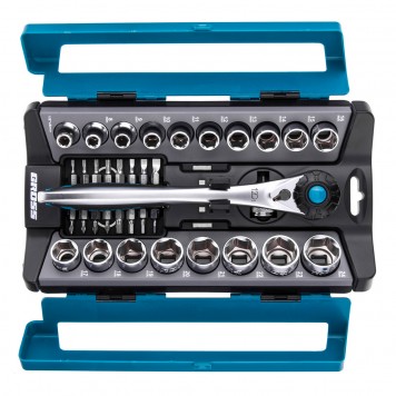 14144 | Набор торцевых головок, трещотка 120 зубьев, 36 предметов, 1/2", CrV, GROSS-1