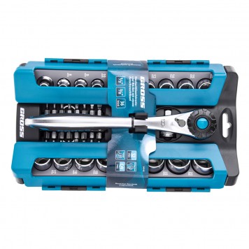 14145 | Набор торцевых головок, трещотка 120 зубьев, 36 предметов, 1/2", 3/8”, CrV, GROSS-4