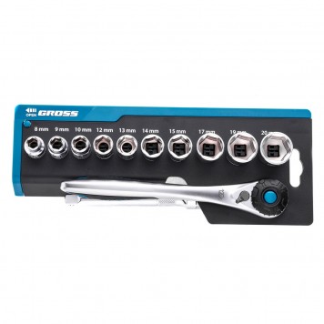14139 | Набор торцевых головок, трещотка 120 зубьев, 12 предметов, 3/8", CrV, GROSS-0