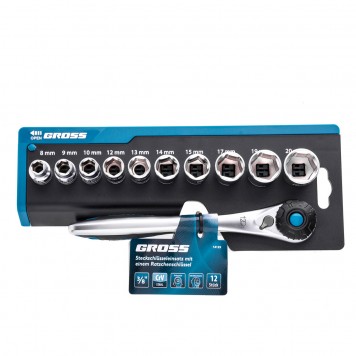 14139 | Набор торцевых головок, трещотка 120 зубьев, 12 предметов, 3/8", CrV, GROSS-3