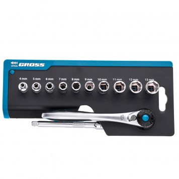 14141 | Набор торцевых головок, трещотка 120 зубьев, 12 предметов, 1/4", CrV, GROSS-0