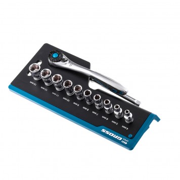 14141 | Набор торцевых головок, трещотка 120 зубьев, 12 предметов, 1/4", CrV, GROSS-1