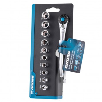 14141 | Набор торцевых головок, трещотка 120 зубьев, 12 предметов, 1/4", CrV, GROSS-3