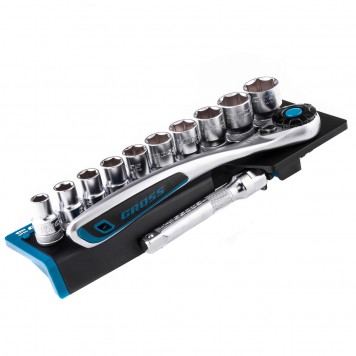 14138 | Набор торцевых головок, трещотка 120 зубьев, 12 предметов, 1/2", CrV, GROSS-2