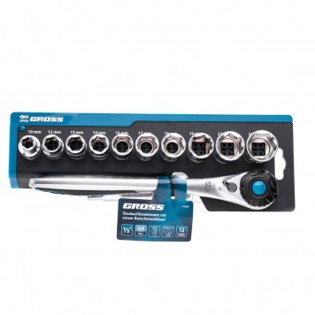 14138 | Набор торцевых головок, трещотка 120 зубьев, 12 предметов, 1/2", CrV, GROSS-3