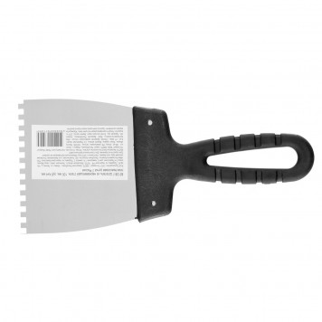 85138 | Шпатель из нержавеющей стали, 100 мм, зуб 4 х 4 мм, пластмассовая ручка Россия, РОССИЯ-1