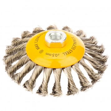 746113 | Щетка для УШМ, 125 мм, "Тарелка", крученая нержавеющая проволока 0.5 мм, М14, DENZEL-0
