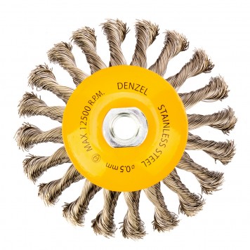746113 | Щетка для УШМ, 125 мм, "Тарелка", крученая нержавеющая проволока 0.5 мм, М14, DENZEL-1