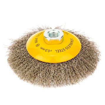 746163 | Щетка для УШМ, 125 мм, "Тарелка", витая нержавеющая проволока 0.3 мм, М14, DENZEL-0