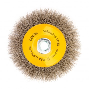 746163 | Щетка для УШМ, 125 мм, "Тарелка", витая нержавеющая проволока 0.3 мм, М14, DENZEL-1
