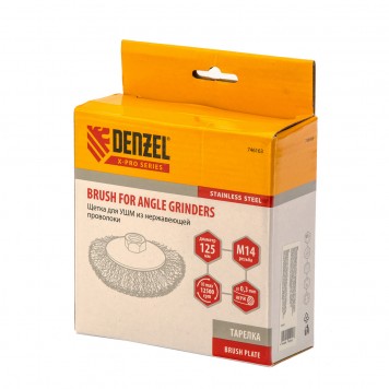 746163 | Щетка для УШМ, 125 мм, "Тарелка", витая нержавеющая проволока 0.3 мм, М14, DENZEL-3